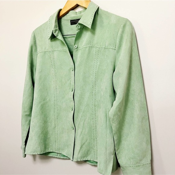 90s Microsuede Mint Green Whipstitch Shirt | Medium - Picture 2 of 3